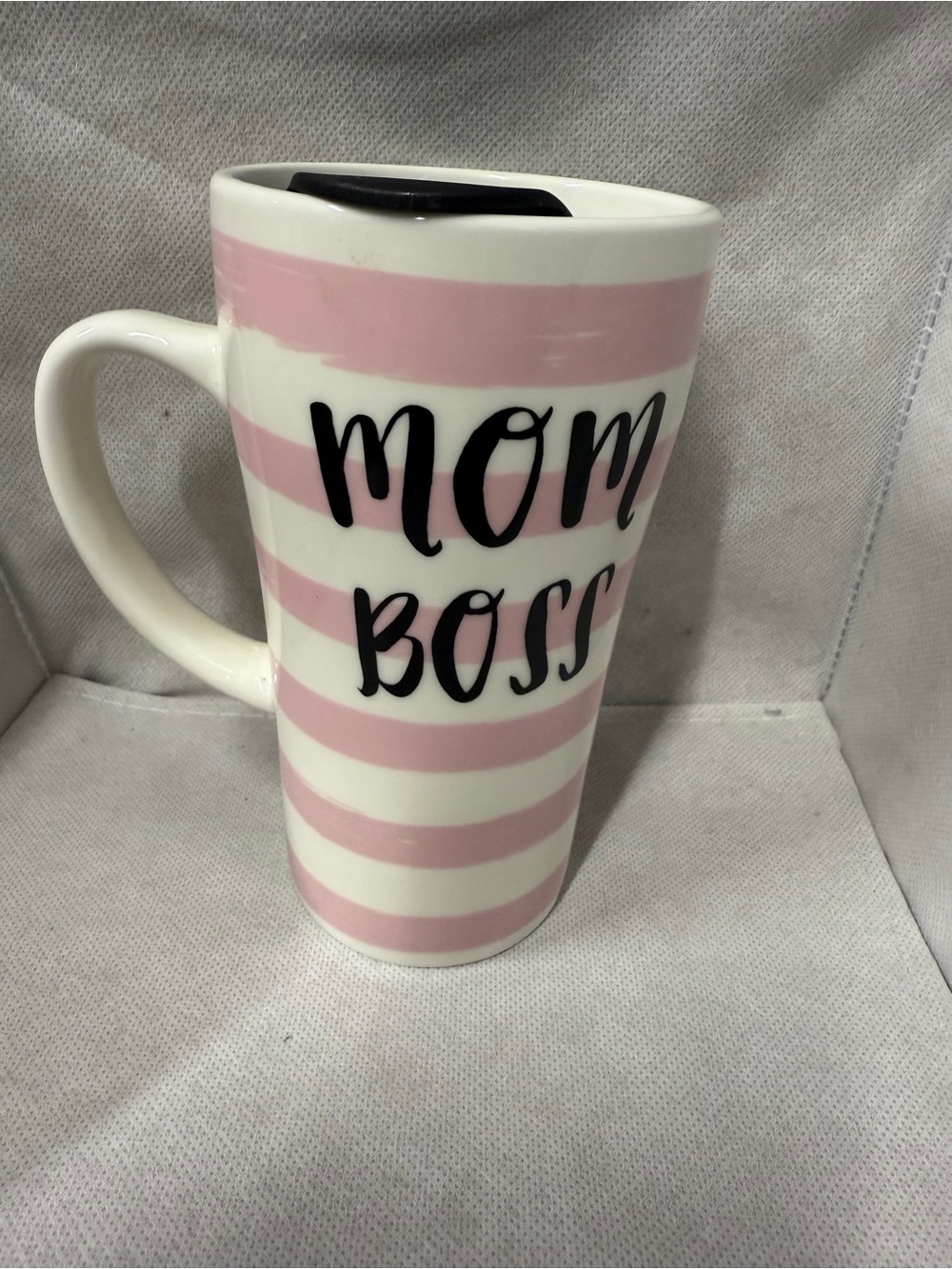 Mom Boss Pink Stripe Travel Mug Clay Art Cup